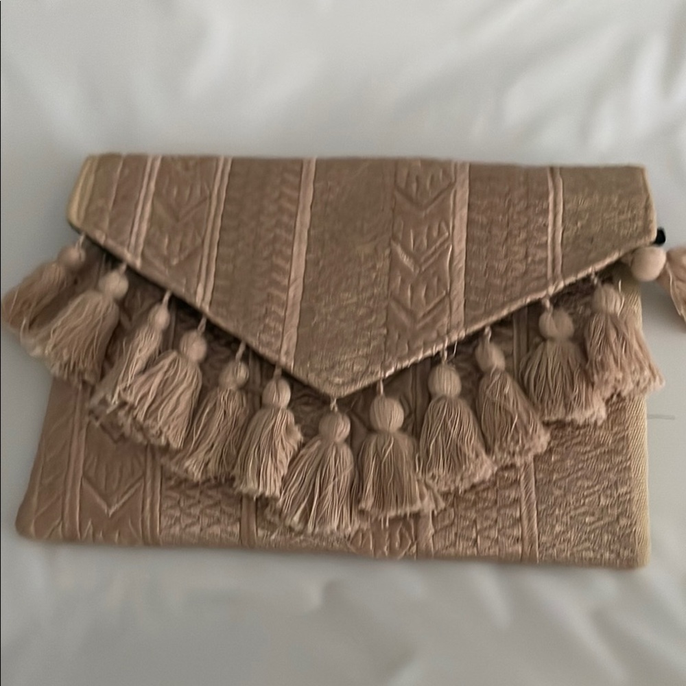 Elegant Tan Clutch with Tassels